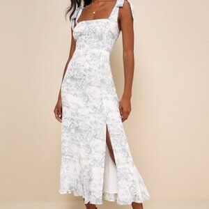Lulus Summer Invite White And Blue Toile Tie-strap Tiered Midi Dress - Size XXL